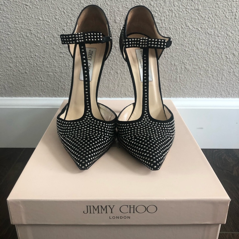 JIMMY CHOO BLACK SUEDE STUDDED T-STRAP PUMPS